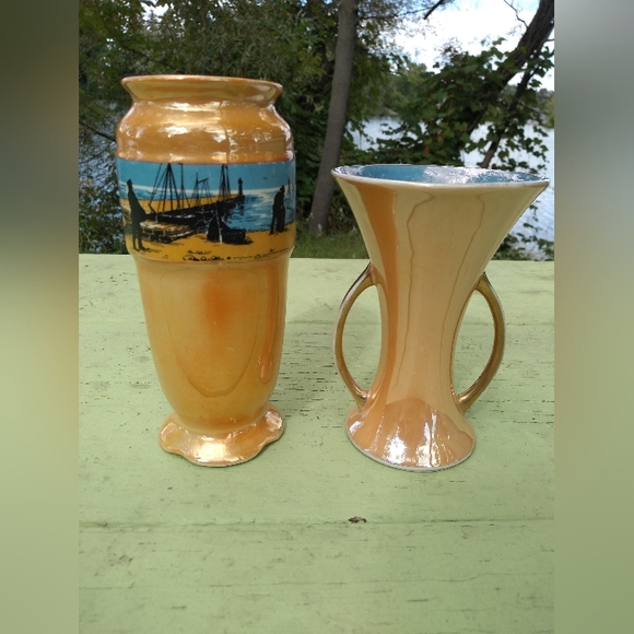 Two Orange Lustreware Vases, Noritake, Lancaster & Sons, Fishermen, Hanley UK - Picture 2 of 11